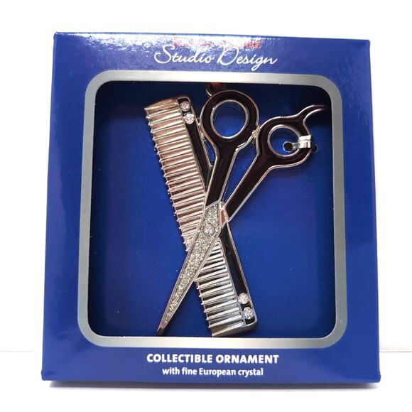 Scissors Comb Ornament 3 in Barber Hairdresser Metal Crystals Regent Square NEW - Picture 1 of 6